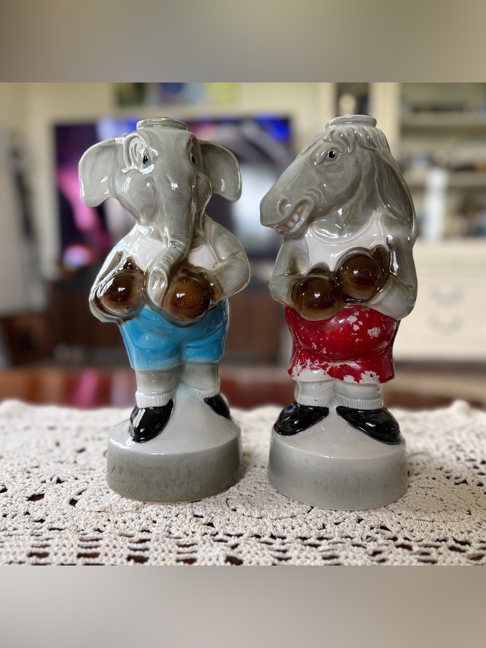 Gray Ceramic Elephant and Donkey Figurine Set with Blue and Red Accents